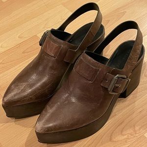 All Saints 3” Boho Platform Leather and Wood Mules, Brown, Fair Condition